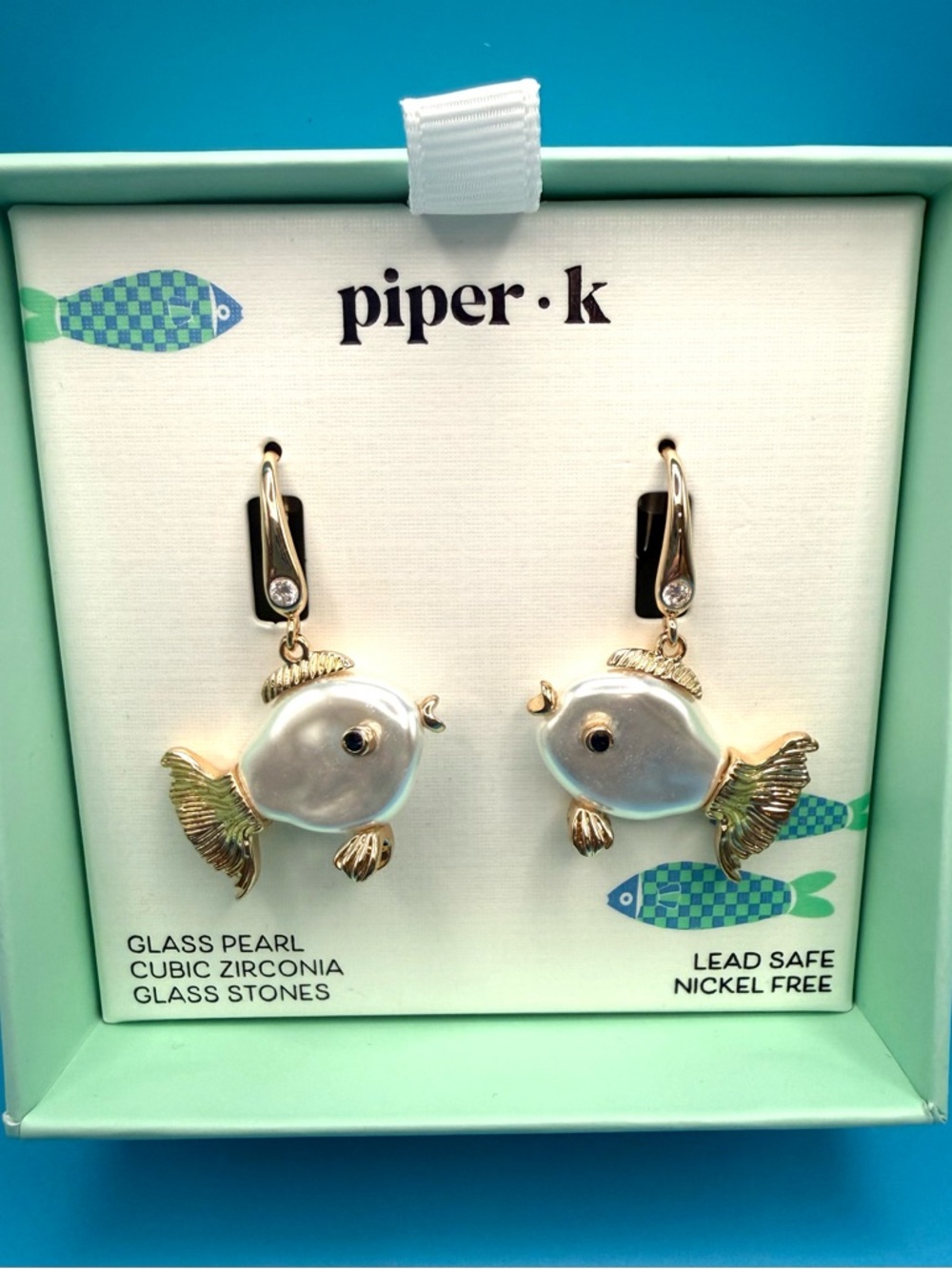 Piper K Gold & Pearl Fish Drop Earrings - White Glass Pearl Diamond Marshall’s